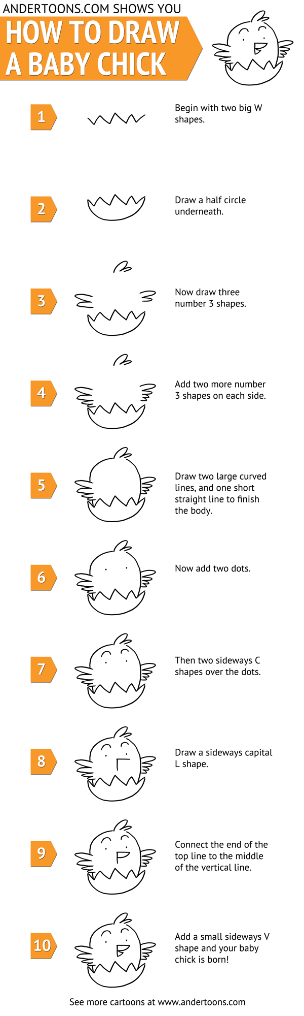 How to draw a cartoon baby chick step-by-step